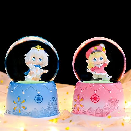 Cartoon Snow Globe Music Box, 80MM Musical Snow Globe with Color Changing LED Lights for Girlfriend Wife Girls Daughter Birthday (Blue)