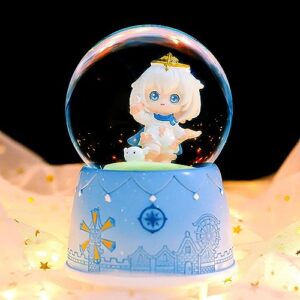 Cartoon Snow Globe Music Box, 80MM Musical Snow Globe with Color Changing LED Lights for Girlfriend Wife Girls Daughter Birthday (Blue)