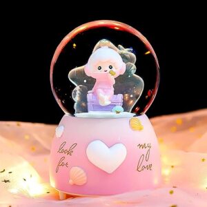 Snow Globe for Girls, 80mm Cute Seabed Figurine Snow Globe Music Box with Color Changing LED Lighs and Automatic Snowflakes, Christmas Birthday Gifts for Kids Girls Granddaughters (183-A)
