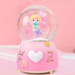 Snow Globe for Girls, 80mm Cute Seabed Figurine Snow Globe Music Box with Color Changing LED Lighs and Automatic Snowflakes, Christmas Birthday Gifts for Kids Girls Granddaughters (183-A)
