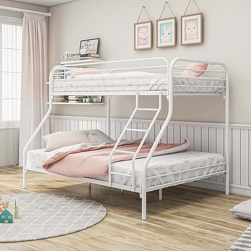 Heliosphere Heavy Duty Twin Over Full Size Bunk Bed with Safety Guard Rails & Inclined Ladder, Metal Bunk Bed with Under Bed Storage Space for Teens Adults, Noise Free/No Box Spring Needed (White)