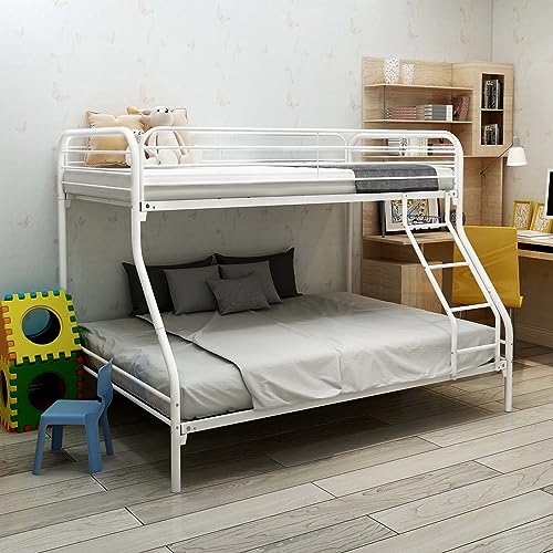 Heliosphere Heavy Duty Twin Over Full Size Bunk Bed with Safety Guard Rails & Inclined Ladder, Metal Bunk Bed with Under Bed Storage Space for Teens Adults, Noise Free/No Box Spring Needed (White)