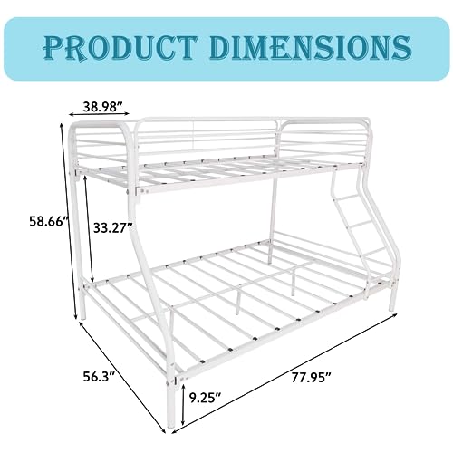 Heliosphere Heavy Duty Twin Over Full Size Bunk Bed with Safety Guard Rails & Inclined Ladder, Metal Bunk Bed with Under Bed Storage Space for Teens Adults, Noise Free/No Box Spring Needed (White)