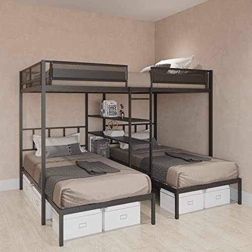 Goohome Full Over Twin and Twin Size Triple Bunk Bed with 4 Shelves, Heavy-Duty Steel Triple Bunk Beds Frame W/Safety Guardrail, Built-in Wood Slat and Ladder, for Kids, Teens, Adults