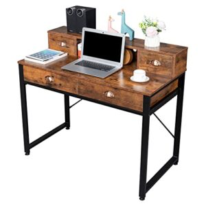 GIYZOKNI Computer Desk, Home Office Desks with 2 Small Drawers & 2 Large Drawers Computer Desk Black Steel Frame Particle Board for Study Desk for Home Office, Study Student Writing Desk-Vintage