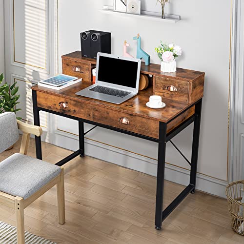 GIYZOKNI Computer Desk, Home Office Desks with 2 Small Drawers & 2 Large Drawers Computer Desk Black Steel Frame Particle Board for Study Desk for Home Office, Study Student Writing Desk-Vintage