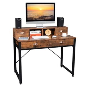 GIYZOKNI Computer Desk, Home Office Desks with 2 Small Drawers & 2 Large Drawers Computer Desk Black Steel Frame Particle Board for Study Desk for Home Office, Study Student Writing Desk-Vintage