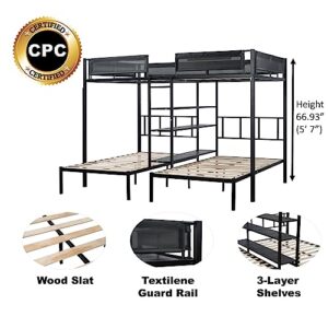 Goohome Full Over Twin and Twin Size Triple Bunk Bed with 4 Shelves, Heavy-Duty Steel Triple Bunk Beds Frame W/Safety Guardrail, Built-in Wood Slat and Ladder, for Kids, Teens, Adults