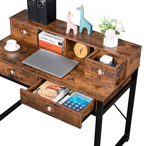 GIYZOKNI Computer Desk, Home Office Desks with 2 Small Drawers & 2 Large Drawers Computer Desk Black Steel Frame Particle Board for Study Desk for Home Office, Study Student Writing Desk-Vintage