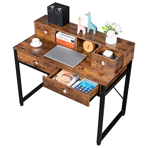 GIYZOKNI Computer Desk, Home Office Desks with 2 Small Drawers & 2 Large Drawers Computer Desk Black Steel Frame Particle Board for Study Desk for Home Office, Study Student Writing Desk-Vintage