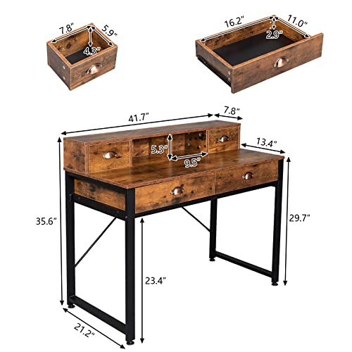 GIYZOKNI Computer Desk, Home Office Desks with 2 Small Drawers & 2 Large Drawers Computer Desk Black Steel Frame Particle Board for Study Desk for Home Office, Study Student Writing Desk-Vintage