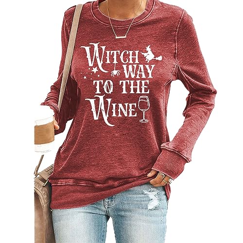 SUTCAY Witch Way to the Wine Shirt Halloween Witch Sweatshirt Halloween Wine Shirt Wine Drinker Gift Halloween Shirts Witchy Gifts Graphic Sweatshirt Witch Way to the Wine Halloween Shirt