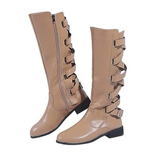 meldvdib women's knee high riding combat boots wide calf chunky heel lace up boots side zipper pu leather motorcycle boot