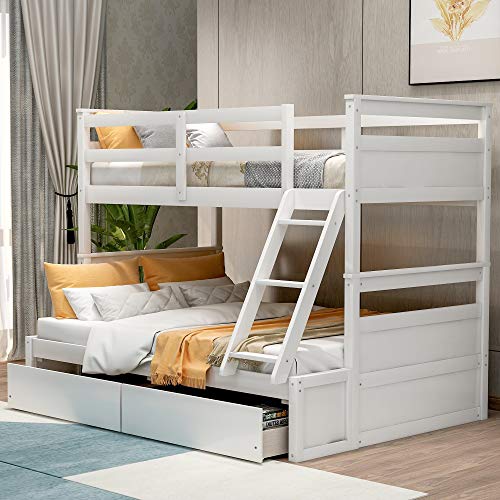 TARTOP Bunk Bed with Drawers, Twin Over Full Bunk Bed, Solid Wood Bunk Bed Frame with Ladders & 2 Storage Drawers, Bedroom Furniture,White