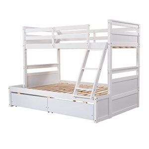 TARTOP Bunk Bed with Drawers, Twin Over Full Bunk Bed, Solid Wood Bunk Bed Frame with Ladders & 2 Storage Drawers, Bedroom Furniture,White