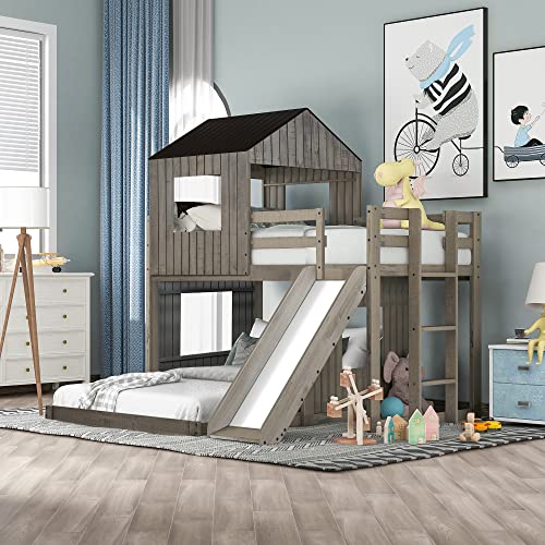 TARTOP House Bed Bunk Beds with Slide Twin Over Full Size Bunk Bed Frame with Slide,Wooden Playhouse - Design Slide Bunk Beds Twin Over Full Bunk for Boys and Girls,Gray