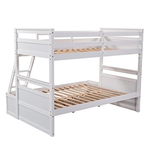 TARTOP Bunk Bed with Drawers, Twin Over Full Bunk Bed, Solid Wood Bunk Bed Frame with Ladders & 2 Storage Drawers, Bedroom Furniture,White