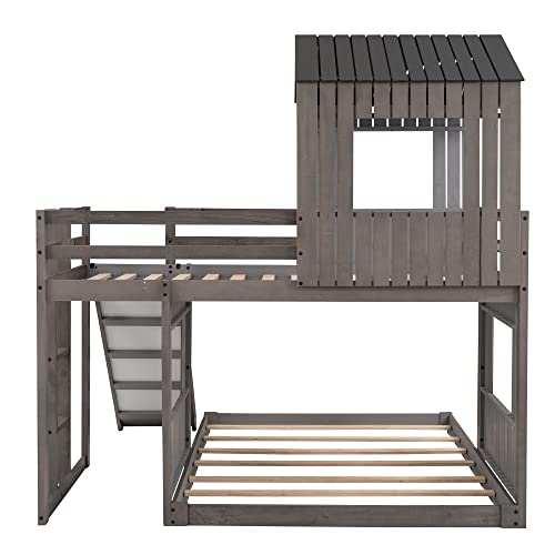 TARTOP House Bed Bunk Beds with Slide Twin Over Full Size Bunk Bed Frame with Slide,Wooden Playhouse - Design Slide Bunk Beds Twin Over Full Bunk for Boys and Girls,Gray