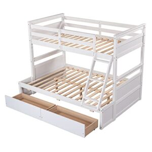 TARTOP Bunk Bed with Drawers, Twin Over Full Bunk Bed, Solid Wood Bunk Bed Frame with Ladders & 2 Storage Drawers, Bedroom Furniture,White