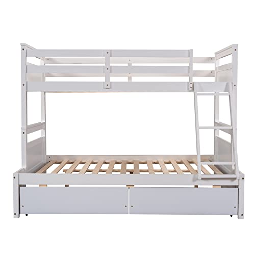 TARTOP Bunk Bed with Drawers, Twin Over Full Bunk Bed, Solid Wood Bunk Bed Frame with Ladders & 2 Storage Drawers, Bedroom Furniture,White
