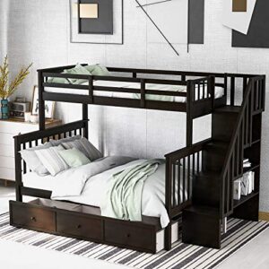 tartop twin over full bunk bed with drawer, wood bedfram w/storage stairway and guard rail for bedroom, dorm, adults, no box spring needed,espresso