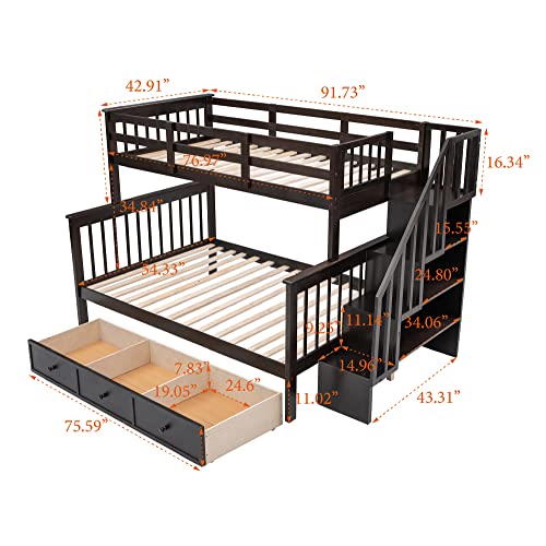 TARTOP Twin Over Full Bunk Bed with Drawer, Wood Bedfram w/Storage Stairway and Guard Rail for Bedroom, Dorm, Adults, No Box Spring Needed,Espresso