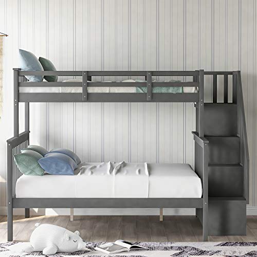 TARTOP Stairway Twin Over Full Bunk Bed with Storage Staircase and Full-Length Guardrails, Solid Wood Bunkbeds BedFrame for Kids Teens Adults Bedroom,Gray