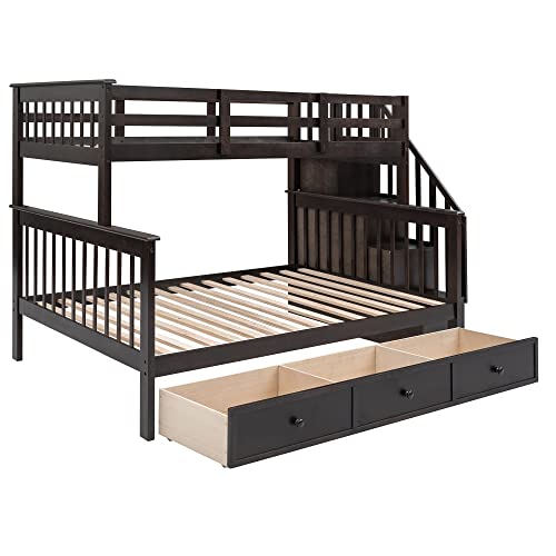 TARTOP Twin Over Full Bunk Bed with Drawer, Wood Bedfram w/Storage Stairway and Guard Rail for Bedroom, Dorm, Adults, No Box Spring Needed,Espresso