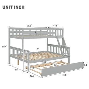 Zaboro Twin Over Full Bunk Bed with Trundle, Convertible into 2 Beds, Pine Wood 3 in 1 Bunk Bed Frame with Ladder and Safety Guardrails for Children, Teens, Adults, No Box Spring Needed, Gray