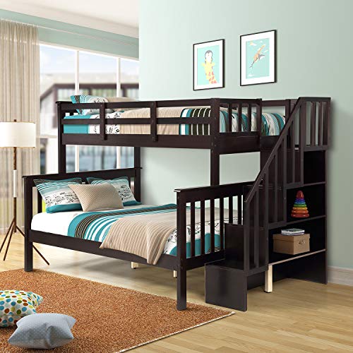 TARTOP Twin Over Full Bunk Bed with Stairs, Solid Wood Stairway Bunk Bed with Storage and Guard Rail for Kids Teens Adults – Espresso