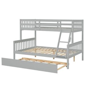 Zaboro Twin Over Full Bunk Bed with Trundle, Convertible into 2 Beds, Pine Wood 3 in 1 Bunk Bed Frame with Ladder and Safety Guardrails for Children, Teens, Adults, No Box Spring Needed, Gray