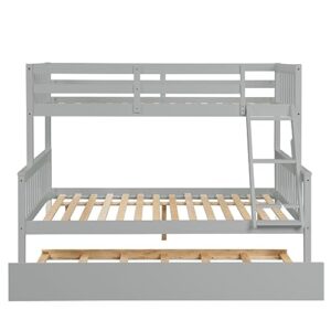 Zaboro Twin Over Full Bunk Bed with Trundle, Convertible into 2 Beds, Pine Wood 3 in 1 Bunk Bed Frame with Ladder and Safety Guardrails for Children, Teens, Adults, No Box Spring Needed, Gray