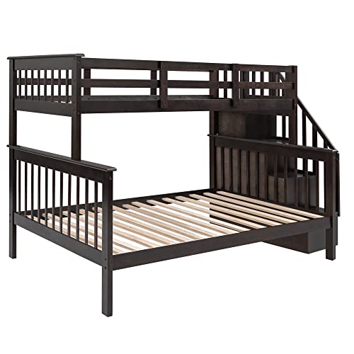 TARTOP Twin Over Full Bunk Bed with Stairs, Solid Wood Stairway Bunk Bed with Storage and Guard Rail for Kids Teens Adults – Espresso