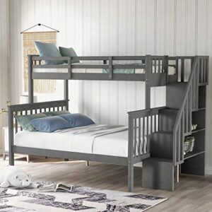 tartop twin over full bunk bed with trundle, solid wood bunk bed frame with stairway, storage & guard rail for bedroom dorm (twin/full with trundle,gray
