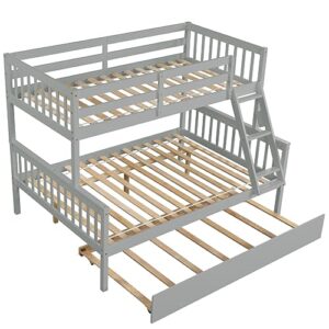 Zaboro Twin Over Full Bunk Bed with Trundle, Convertible into 2 Beds, Pine Wood 3 in 1 Bunk Bed Frame with Ladder and Safety Guardrails for Children, Teens, Adults, No Box Spring Needed, Gray