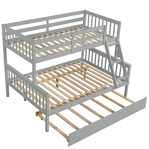 Zaboro Twin Over Full Bunk Bed with Trundle, Convertible into 2 Beds, Pine Wood 3 in 1 Bunk Bed Frame with Ladder and Safety Guardrails for Children, Teens, Adults, No Box Spring Needed, Gray