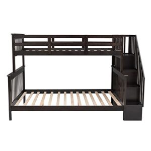 TARTOP Twin Over Full Bunk Bed with Stairs, Solid Wood Stairway Bunk Bed with Storage and Guard Rail for Kids Teens Adults – Espresso