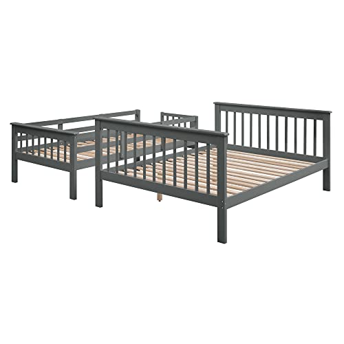 TARTOP Twin Over Full Bunk Bed with Trundle, Solid Wood Bunk Bed Frame with Stairway, Storage & Guard Rail for Bedroom Dorm (Twin/Full with Trundle,Gray