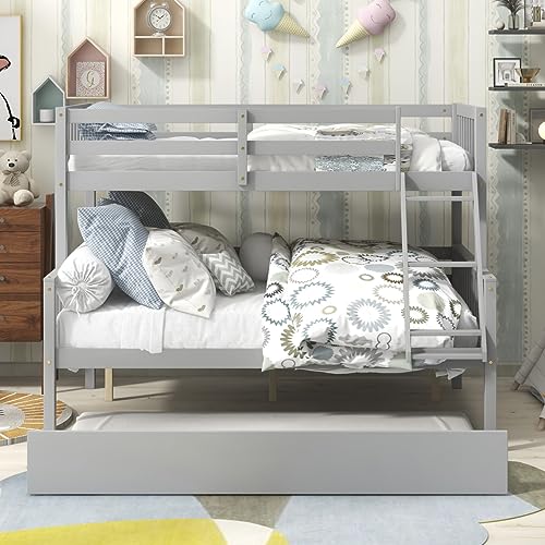 Zaboro Twin Over Full Bunk Bed with Trundle, Convertible into 2 Beds, Pine Wood 3 in 1 Bunk Bed Frame with Ladder and Safety Guardrails for Children, Teens, Adults, No Box Spring Needed, Gray