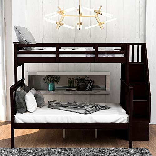 TARTOP Twin Over Full Bunk Bed with Stairs, Solid Wood Stairway Bunk Bed with Storage and Guard Rail for Kids Teens Adults – Espresso