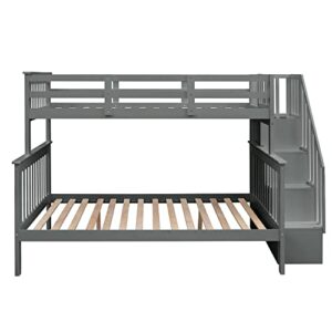 TARTOP Twin Over Full Bunk Bed with Trundle, Solid Wood Bunk Bed Frame with Stairway, Storage & Guard Rail for Bedroom Dorm (Twin/Full with Trundle,Gray