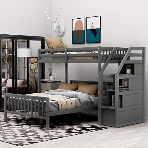 DEYOBED Twin Over Full Wooden Bunk Bed and Convertible Loft Bed with Storage Staircases - Ideal for Kids and Teens, Maximizing Space and Comfort