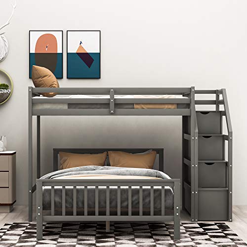 DEYOBED Twin Over Full Wooden Bunk Bed and Convertible Loft Bed with Storage Staircases - Ideal for Kids and Teens, Maximizing Space and Comfort