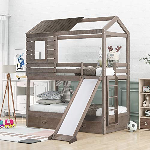 FIQHOME Twin Over Twin Bunk Bed with Two Storage Drawers,House Bunk Beds with Slide, House-Shaped Wood Bunk Bed,for Kids Boys Girls Toddler, No Box Spring Needed (New, Antique Gray)