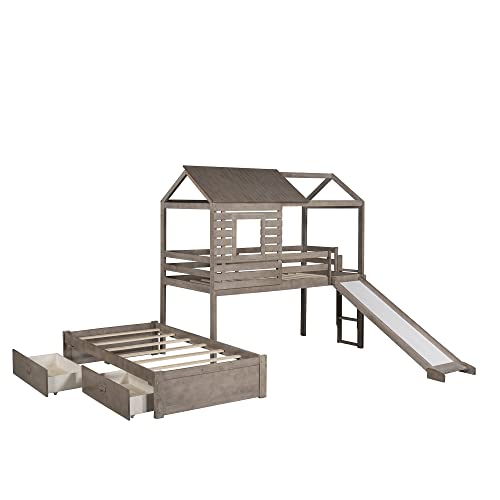 FIQHOME Twin Over Twin Bunk Bed with Two Storage Drawers,House Bunk Beds with Slide, House-Shaped Wood Bunk Bed,for Kids Boys Girls Toddler, No Box Spring Needed (New, Antique Gray)