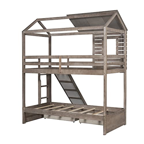 FIQHOME Twin Over Twin Bunk Bed with Two Storage Drawers,House Bunk Beds with Slide, House-Shaped Wood Bunk Bed,for Kids Boys Girls Toddler, No Box Spring Needed (New, Antique Gray)