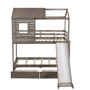 FIQHOME Twin Over Twin Bunk Bed with Two Storage Drawers,House Bunk Beds with Slide, House-Shaped Wood Bunk Bed,for Kids Boys Girls Toddler, No Box Spring Needed (New, Antique Gray)