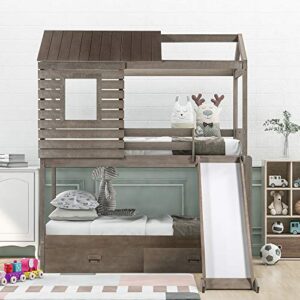 FIQHOME Twin Over Twin Bunk Bed with Two Storage Drawers,House Bunk Beds with Slide, House-Shaped Wood Bunk Bed,for Kids Boys Girls Toddler, No Box Spring Needed (New, Antique Gray)