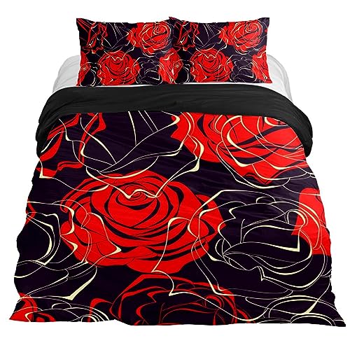 VAPOKF Duvet Covers Set Twin Size Soft and Breathable Microfiber Comforter Bedding Set 1 Duvet Cover 2 Pillowcase with Zipper Closure for Kids Women Men, Red Roses