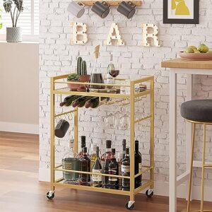 VLOBAOM Serving Cart for Home, Bar Cart with Lockable Wheels, Wine Rack and Glass Holder, Mobile Liquor Cabinet Storage Shelf,24''Dx13''Wx33''H,Gold